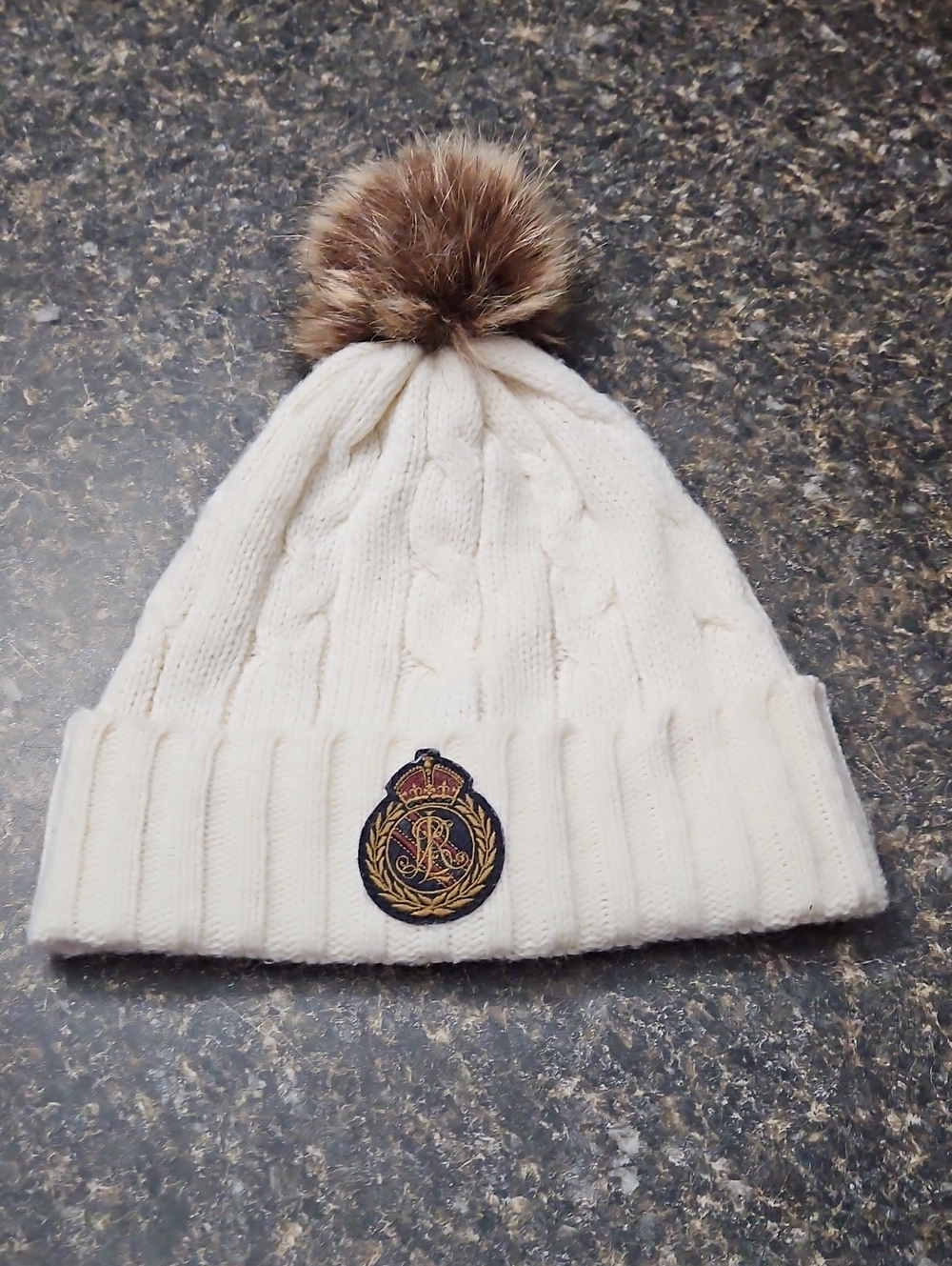 Ralph Lauren Cream Cable Knit Pom Beanie with Crest - Accessories